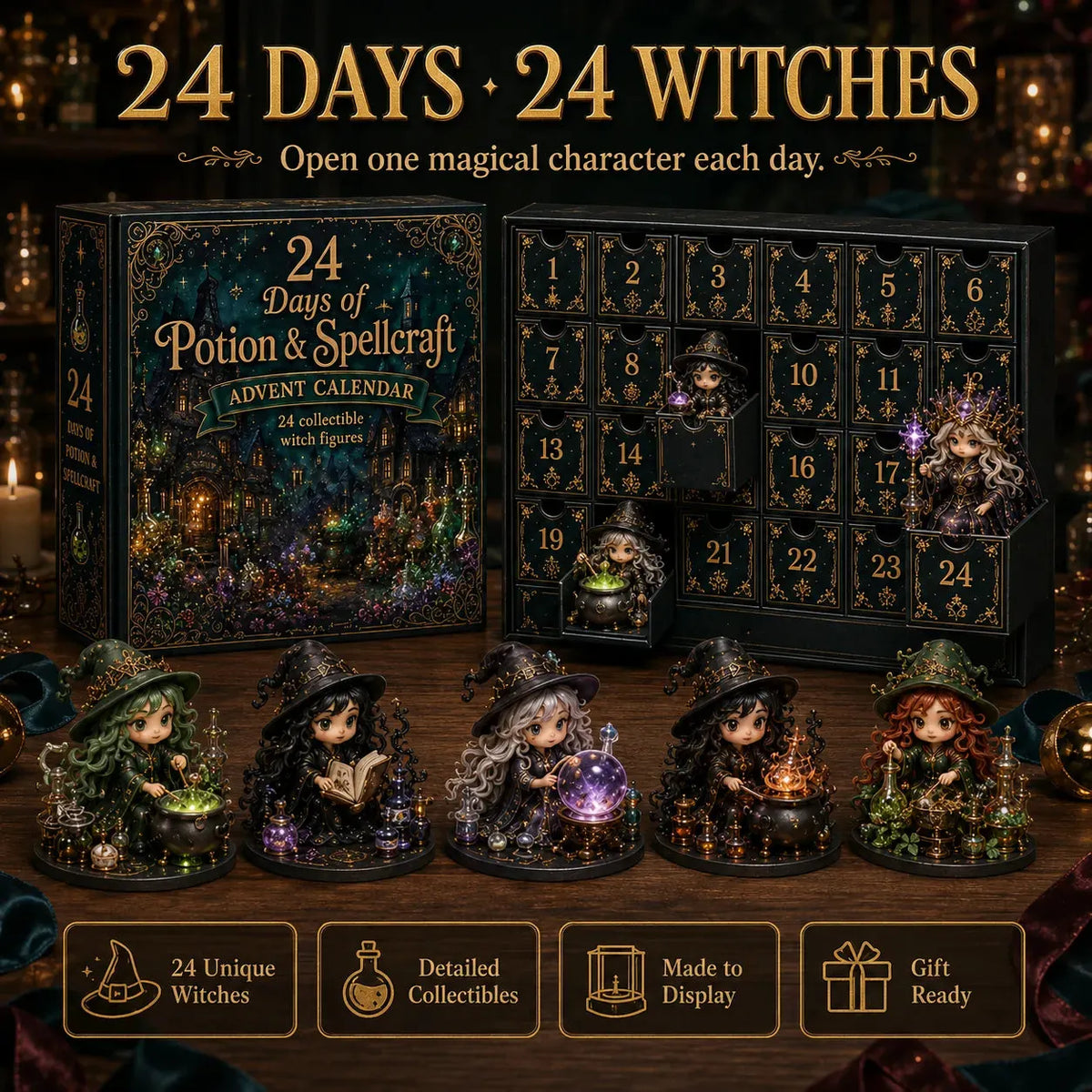 🔮 LAST DAY 49% OFF – 24 Days Of Witchy Surprises Advent Calendar | 24 Unique Collectible Witches with Magical Themes, Mini Figures & Fantasy Display Collection ✨