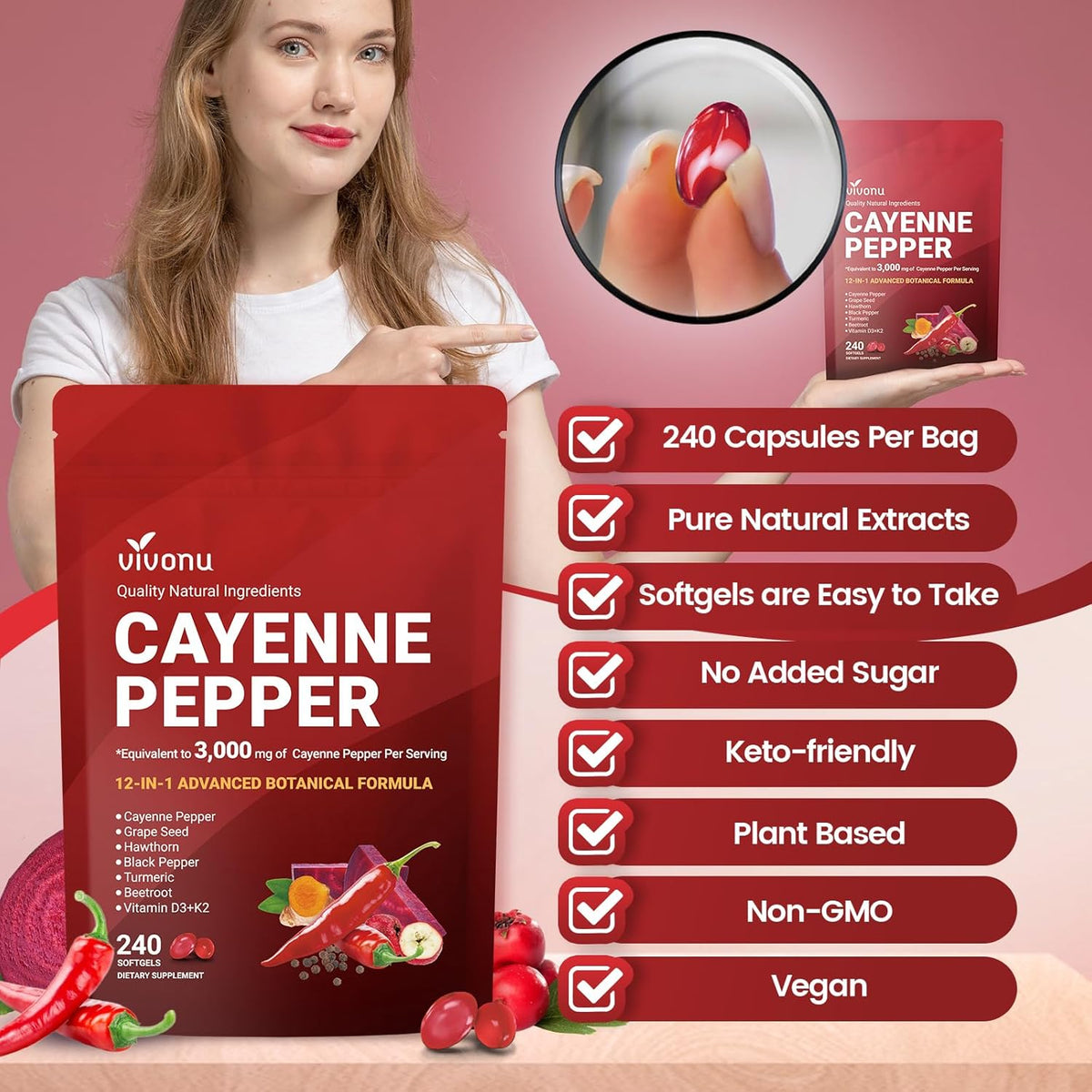 Cayenne Pepper Softgels Supplement, Supports Leg Vein, Heart and Blood Vessel Health, with Vitamin E D3+K2 and Extracts of Grape Seed, Hawthorn, Beetroot, Berberine and Others(240 Softgels/1 Bag).