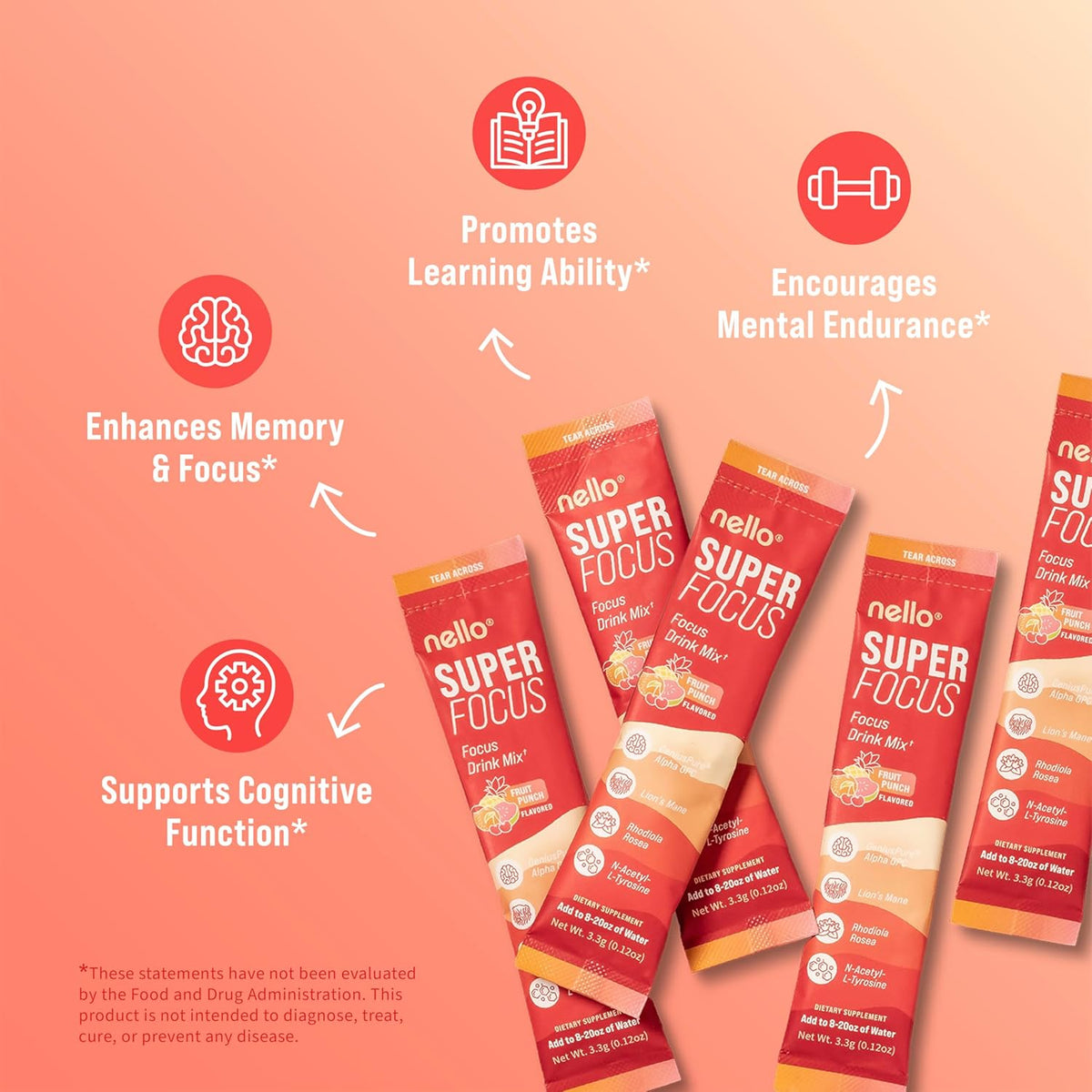 Drink Mix – Fruit Punch Flavor – Alpha GPC, Lion’s Mane, Rhodiola & N-Acetyl L-Tyrosine – Sugar-Free, On-The-Go Packets – 20 Servings