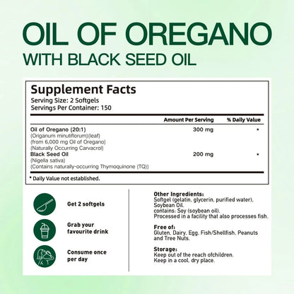 Aceite De Oregano En 300 Capsulas Con Carvacrol y Timol Black Seed Oil 6200 mg