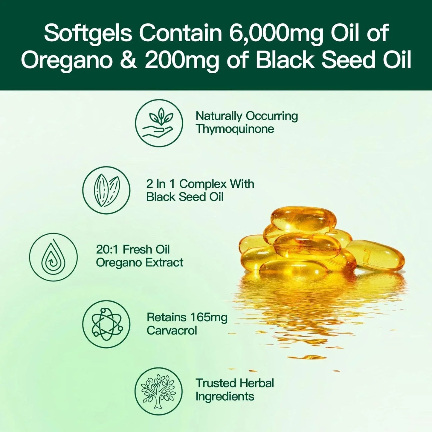 Aceite De Oregano En 300 Capsulas Con Carvacrol y Timol Black Seed Oil 6200 mg