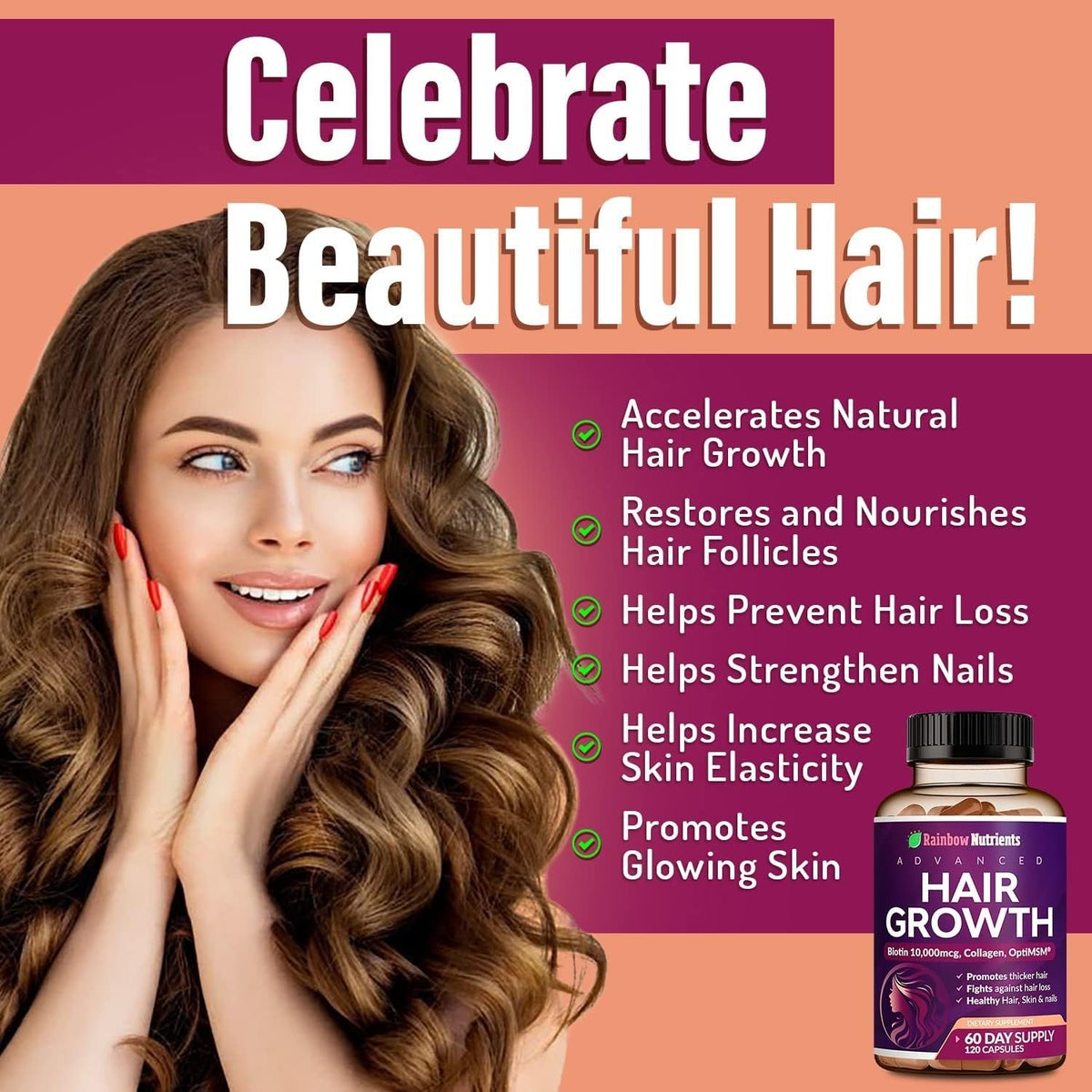 Hair Growth Vitamins for Women | Biotin 10,000Mcg, Collagen, Patented Optimsm®.